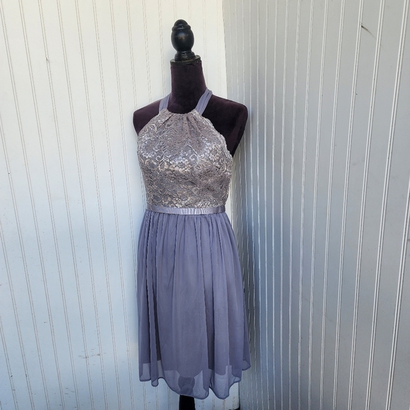DAVIDS BRIDAL Silver Gray Bridesmaid Halter Tie Strapless Dress Nylon Mesh Sz 4 - Picture 2 of 14